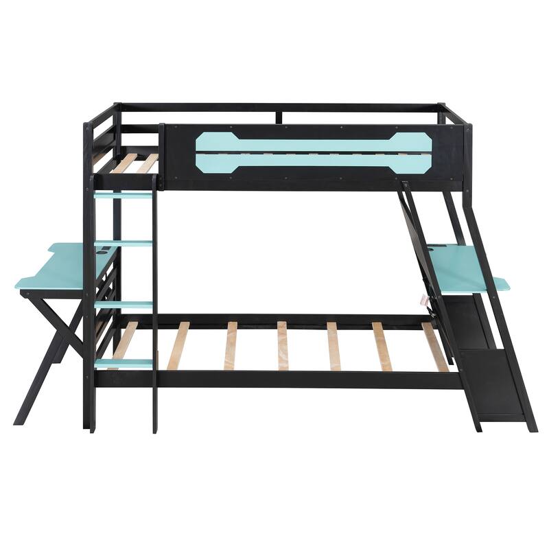 E-sports Inspired Bunk Bed with 2 Built-In Gaming Desks, USB Desktop Ports and Pegboard Organizer, Bunk Frame for Teens Gamer