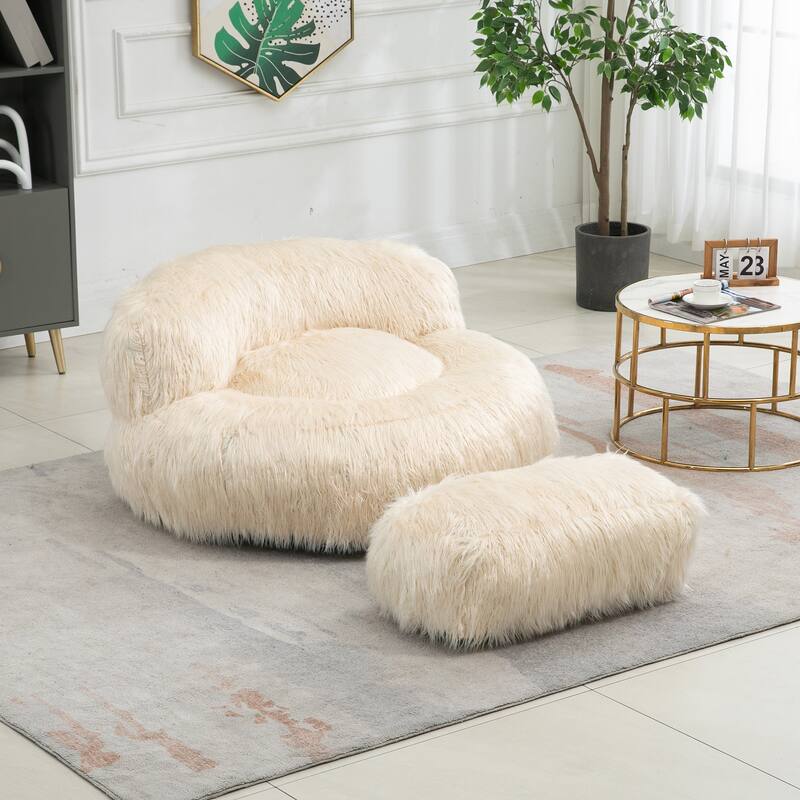 Plush Upholstered Round Comfort Lounger Bean Bag Chair with Ottoman - Beige