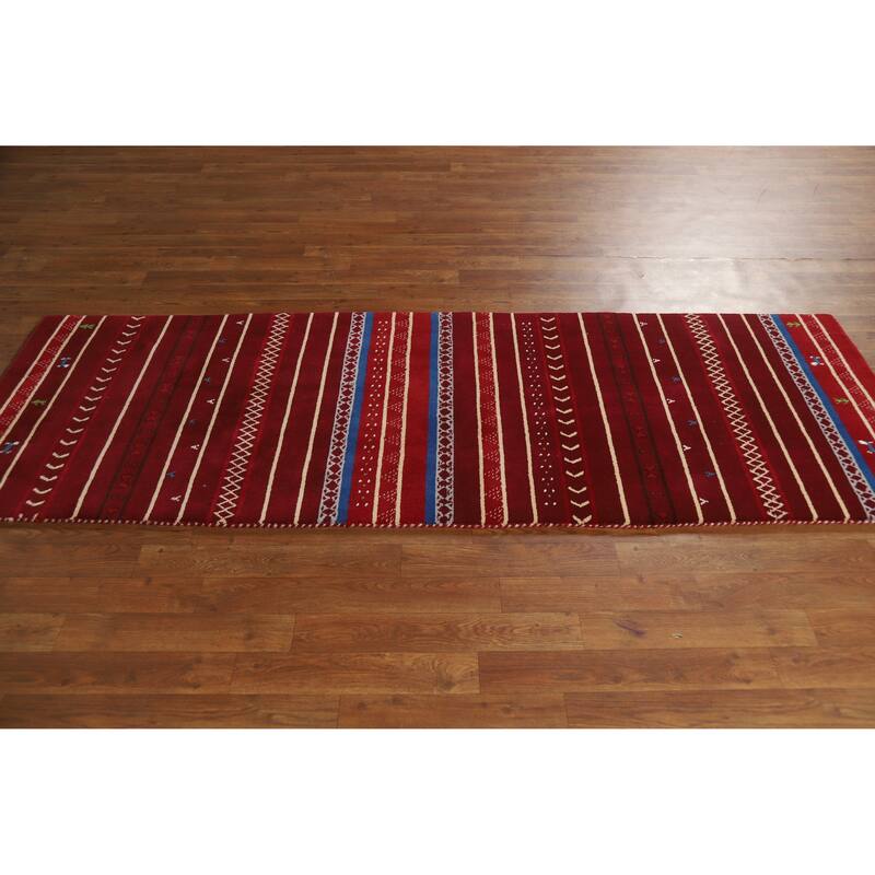 Striped Red Gabbeh Indian Runner Rug Hand-Knotted Wool Carpet - 2'7" x 7'8"