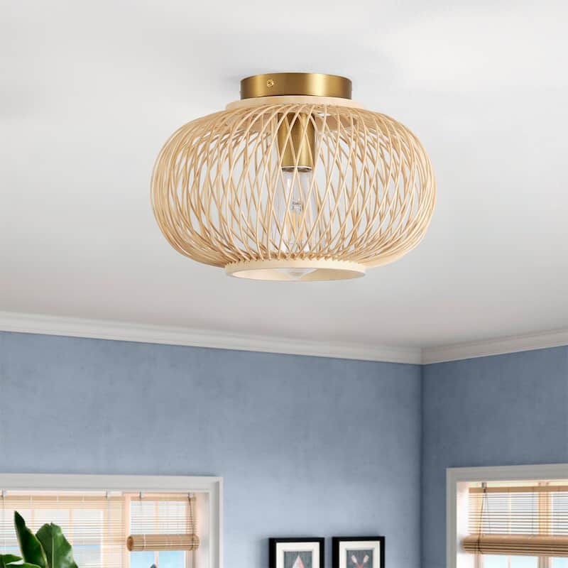 Farmhouse Brushed Brass Metal 1-Light Semi Flush Mount Ceiling Light with Rattan Woven Shade - Brass