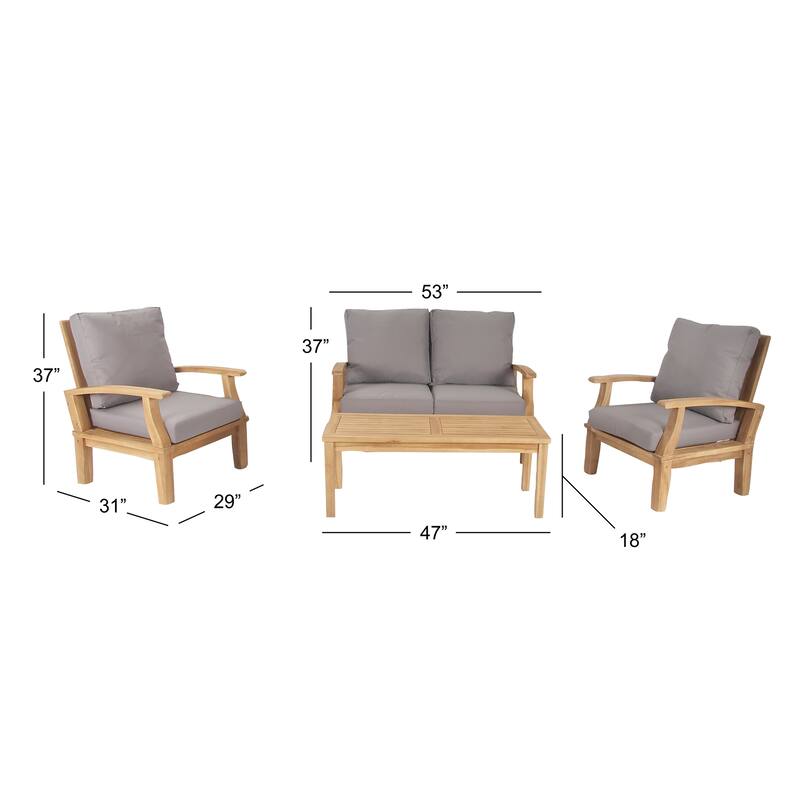 Teak Wood Arm Chair and Loveseat Outdoor Seating Set with Cushions and Coffee Table - Set of 4 Brown - Roche River Decor