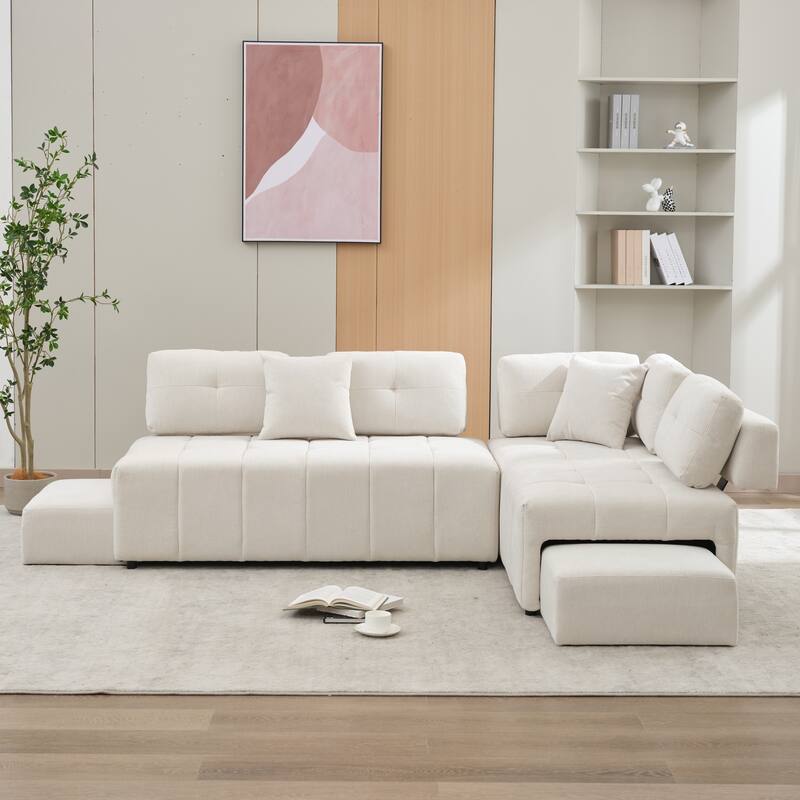 91.73" L-Shaped 4-Seat Sectional Sofa with 2 Hidden Stools, 2 Removable Lumbar Cushions, and Durable Chenille Fabric