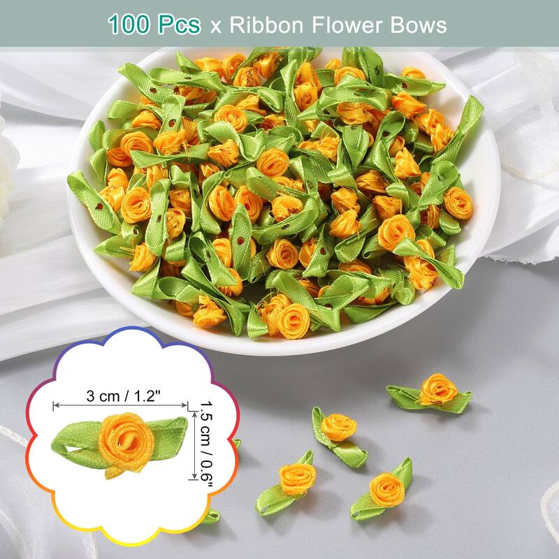 100 Pcs Mini Ribbon Roses Flowers Bows for Crafts, 15mm/0.6" Dia - Orange