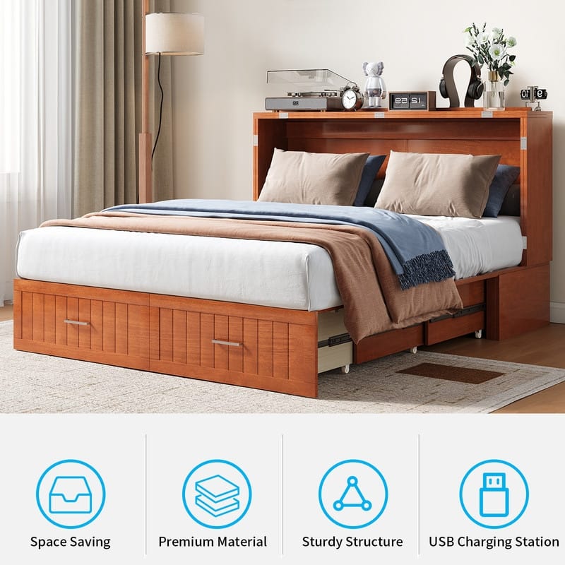 Mixoy Queen Modern Murphy Bed Cabinet with Charge Station,Mattress,Drawers