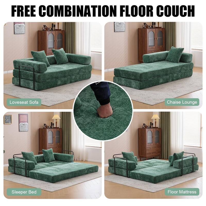 Chenille Floor Sleeper Sofa Bed Foldable Loveseat Couch Futon Sofa with Removable L-shaped Armrest and Movable Iron Frame
