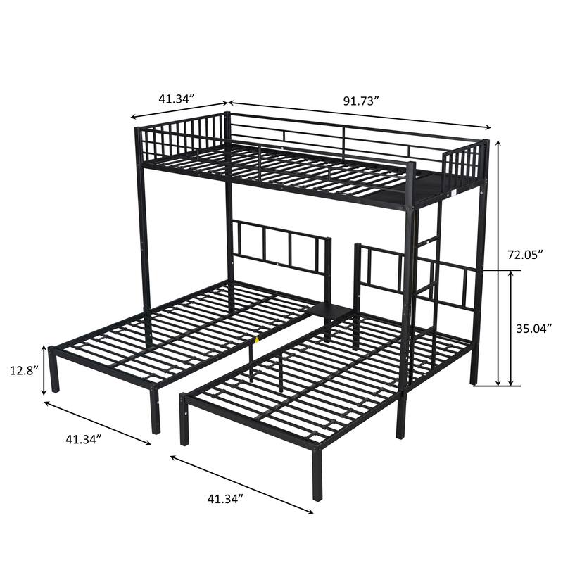 Sturdy Triple Twin Bunk Bed, 3-in-1 Metal Bed with Safety Features