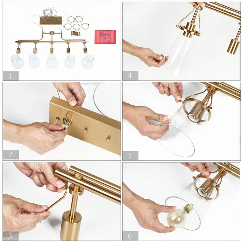 Haye Modern Gold Brass 5-Light Chandelier Seeded Glass Kitchen Island Lights for Dining Room - L37.8" x W 5.3" x H16.5"