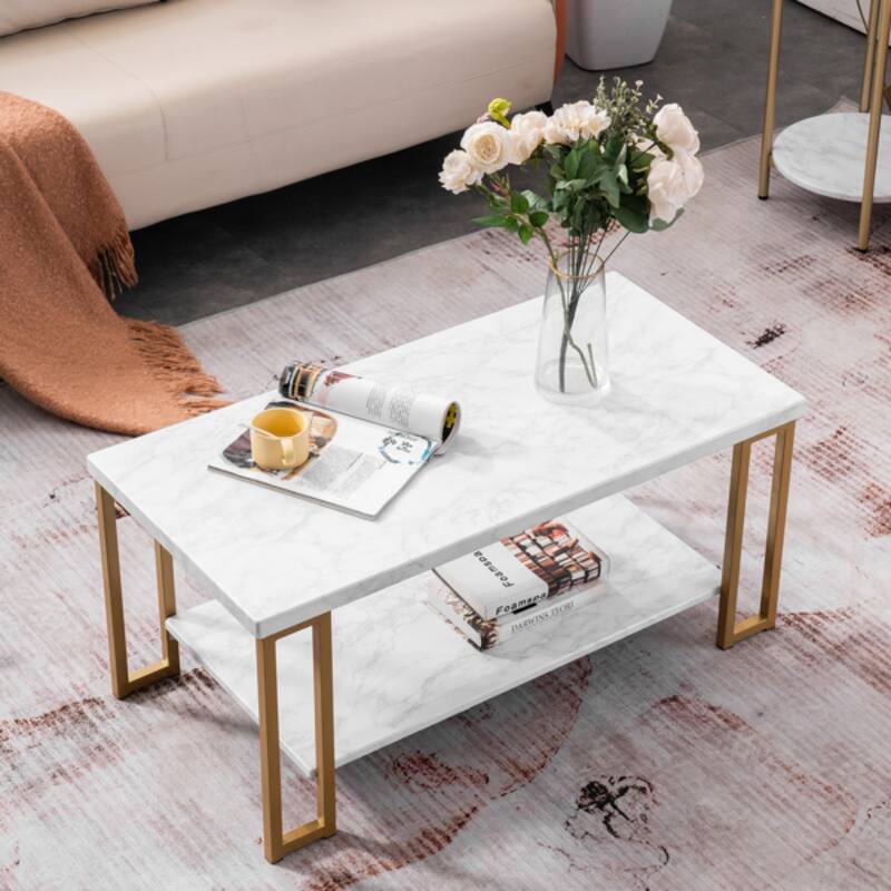 White and Gold Rounded Coffee Table with Faux Marble Top and Metal Legs Perfect for Living Room - 39.73 x 20.08 x 18.11