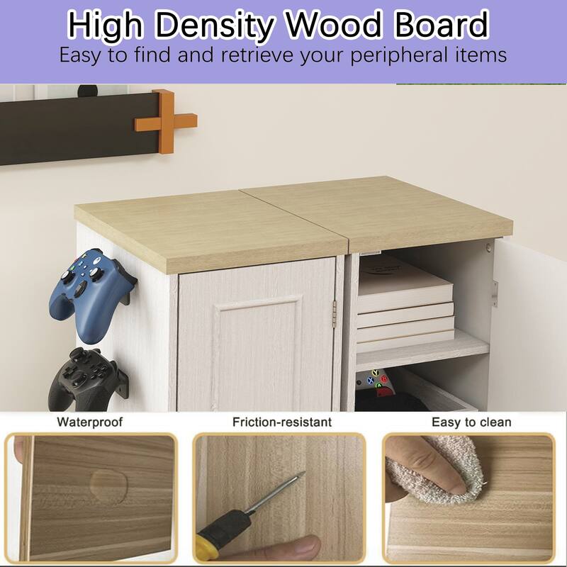 Anmytek Slim Antique White Game Console Storage Cabinet with 2 Drawers & 3 Hooks, AV Media Stand for PS5 Xbox