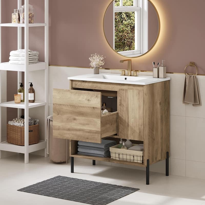Rustic 30 " Bathroom Vanity with Drawers and Shelves