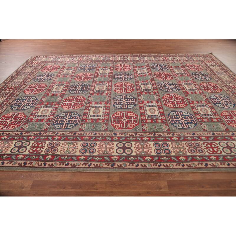 Kazak Oriental Area Rug Hand-Knotted Geometric Wool Carpet - 8'10" x 11'9"