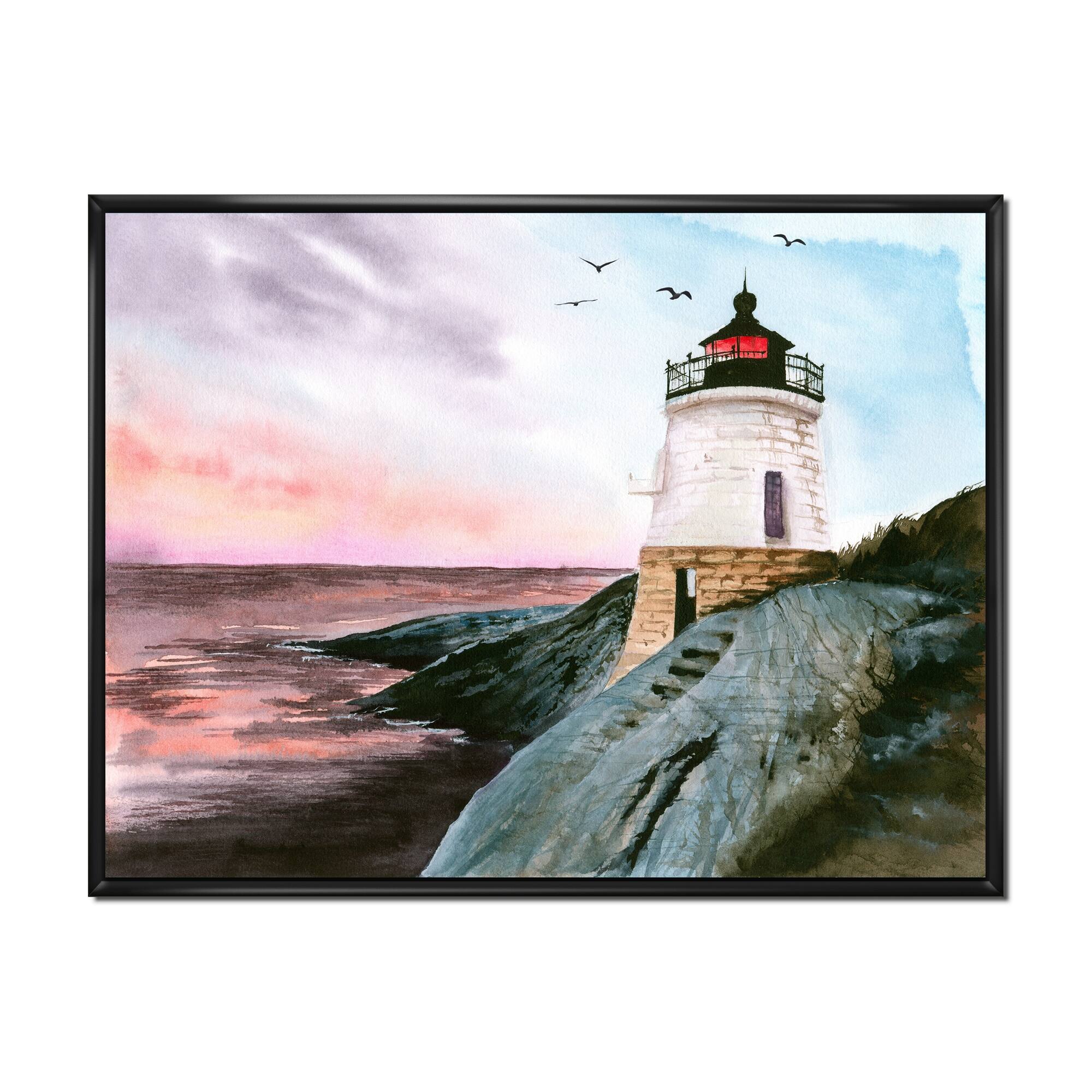 Designart "Castle Hill Lighthouse On Rocky Island On Sunset" Nautical & Coastal Framed Canvas