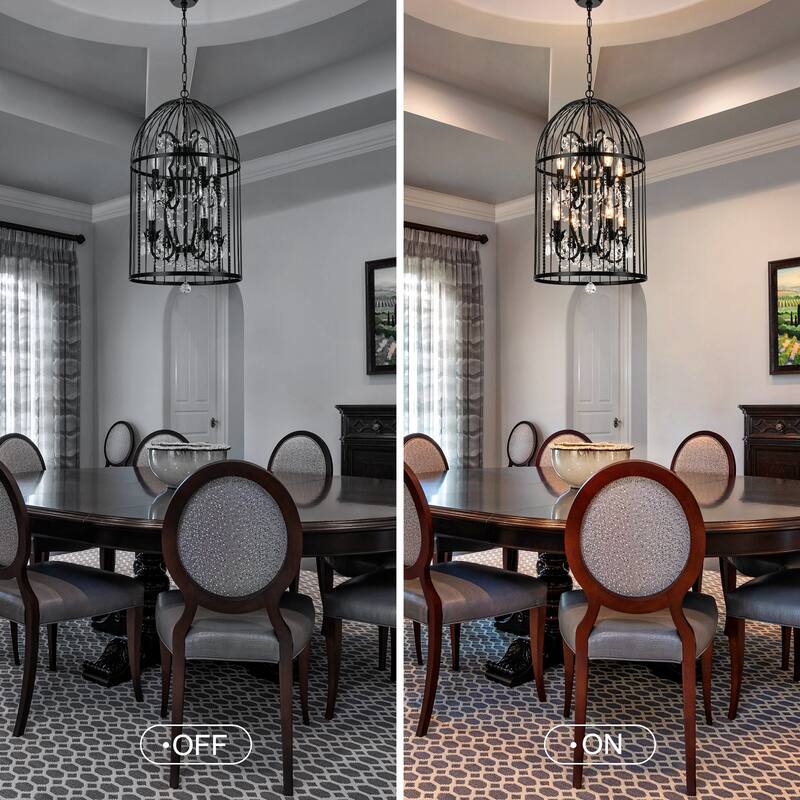 Vintage Industrial Birdcage Crystal Chandelier with Black Metal Cage and Crystal Accents - W17.72"