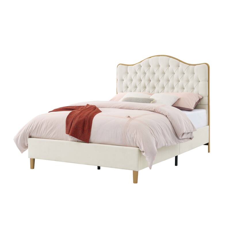 Queen Upholstered Bed Frame with Curved Tufted Headboard