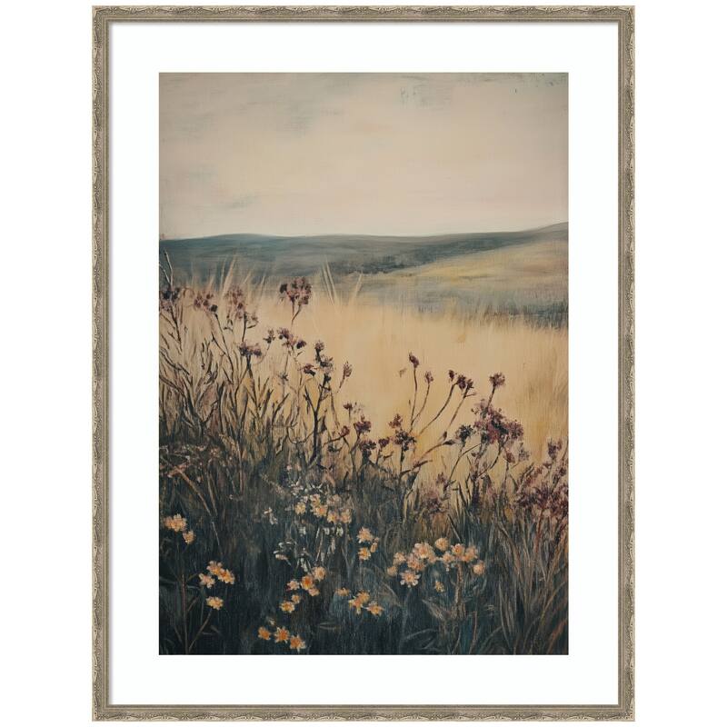 Kate and Laurel Landscape Wild Flower by Melloi Art Prints Framed Wall Art Print - 32 x 42 - Silver