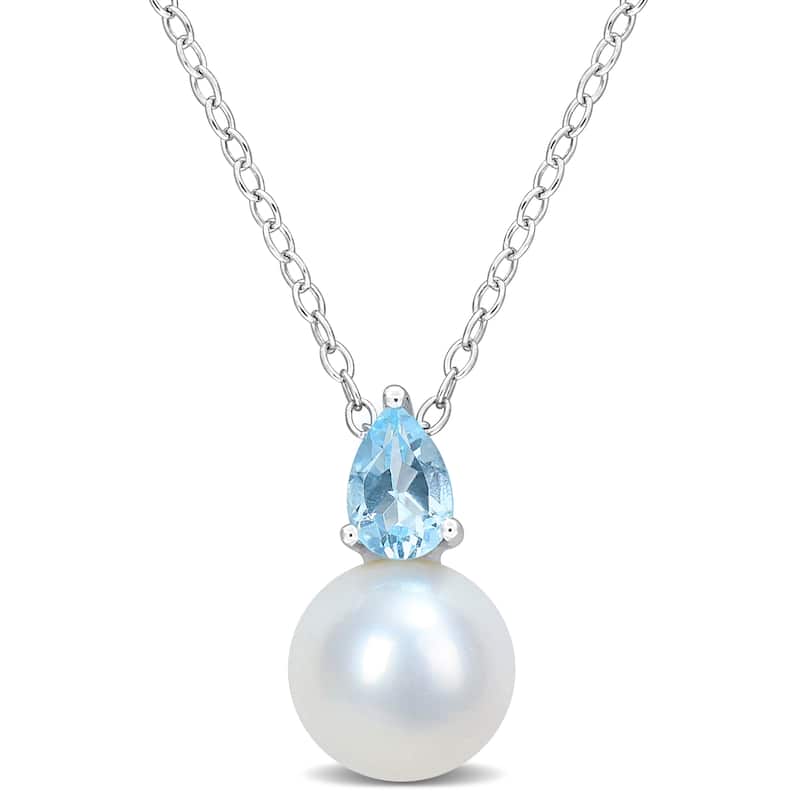 Miadora 1/2ct TGW Blue Topaz-Sky and 8.5-9mm Cultured Freshwater Pearl Pendant with Chain Silver - 15.5 mm x 8.8 mm