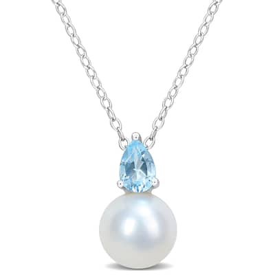 Miadora 1/2ct TGW Blue Topaz-Sky and 8.5-9mm Cultured Freshwater Pearl Pendant with Chain Silver - 15.5 mm x 8.8 mm