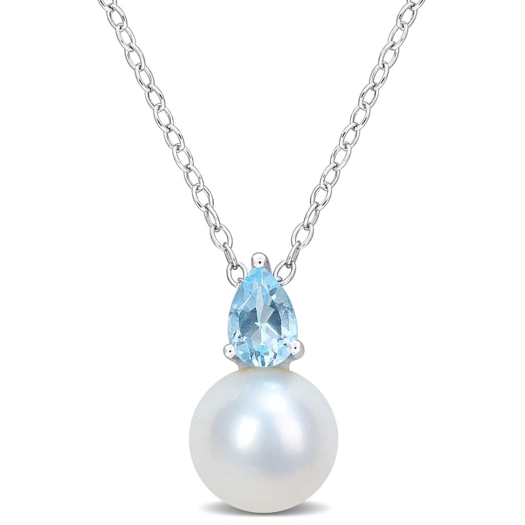 Miadora 1/2ct TGW Blue Topaz-Sky and 8.5-9mm Cultured Freshwater Pearl Pendant with Chain Silver - 15.5 mm x 8.8 mm