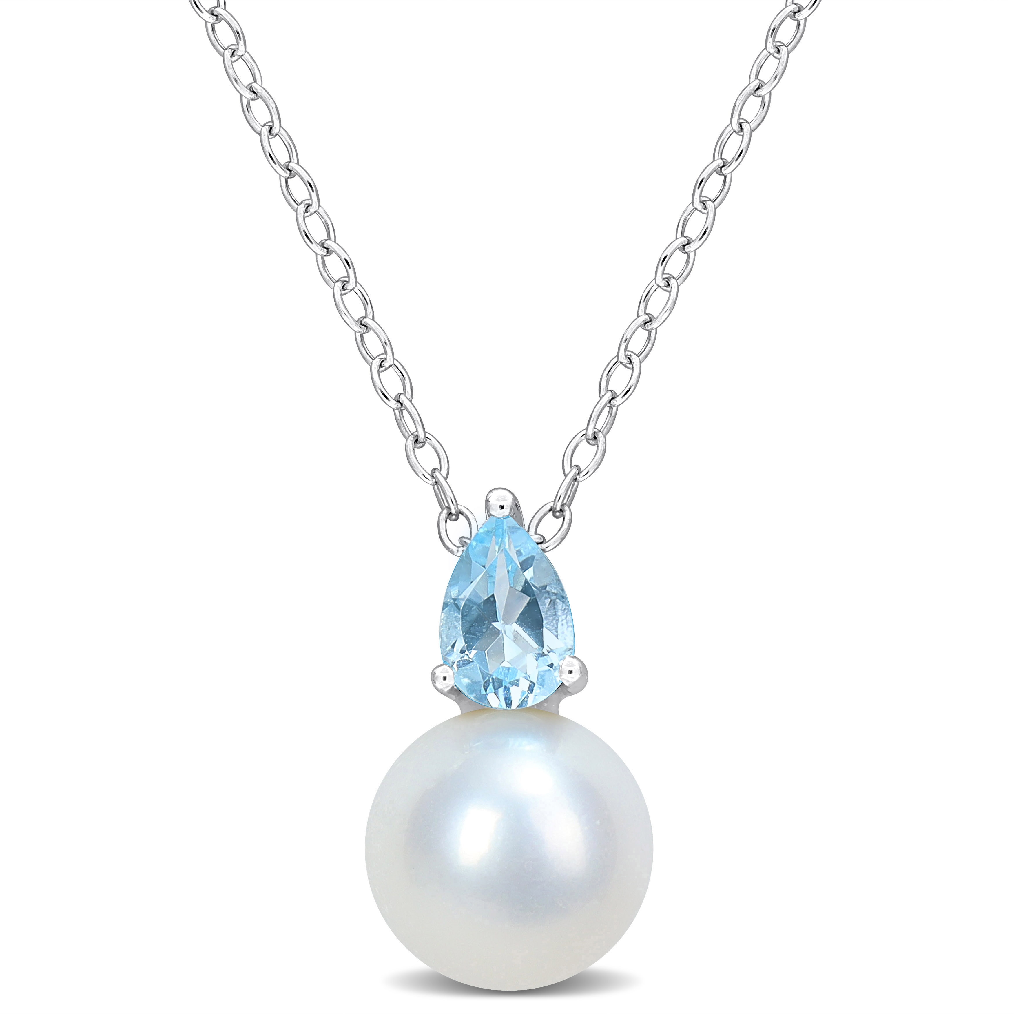 Miadora 1/2ct TGW Blue Topaz-Sky and 8.5-9mm Cultured Freshwater Pearl Pendant with Chain Silver - 15.5 mm x 8.8 mm
