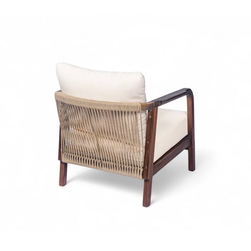 [Set of 2] 28" Outdoor Lounge Chair with Woven Backrest, Solid Wood Frame, Comfortable Cushions, and Curved Armrests