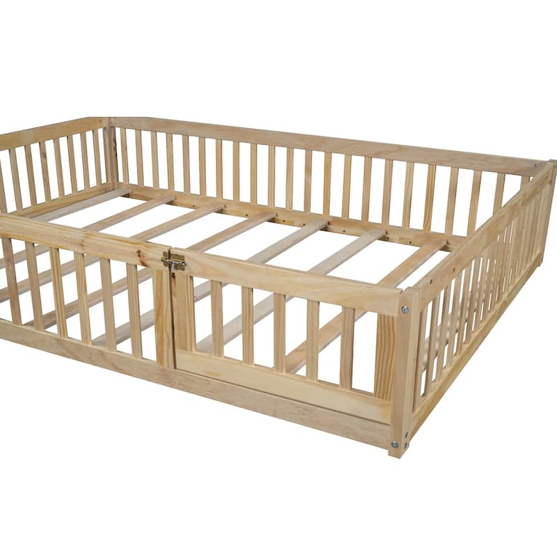 Wood Full Size House Platform Bed with Guardrail, Fence and Chimney Design, Durable Pine Frame, and Easy Assembly
