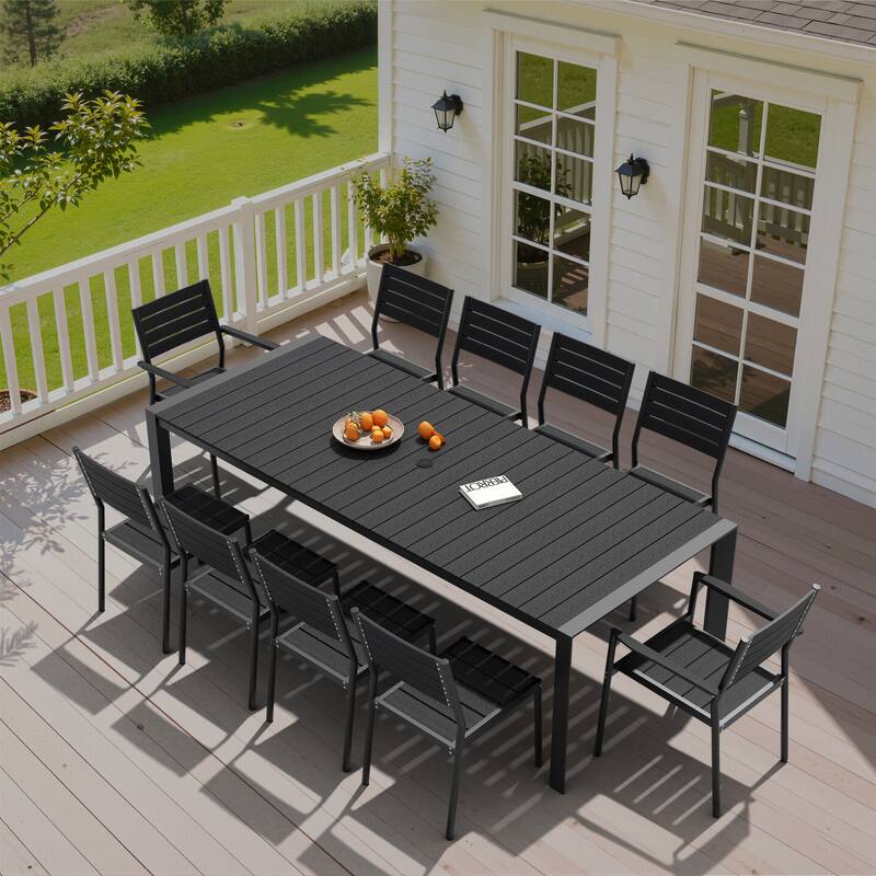 11-Piece Outdoor Patio Dining Set Wood Like Table Top Aluminum Rectangular Umbrella Hole Table with Stackable Chairs