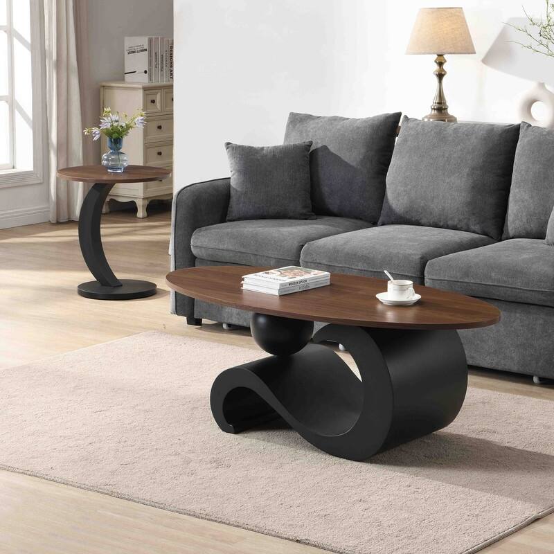 Nesting Coffee Table Set of 2, Round & Oval End Tables with faux marble Tabletop, Side Table