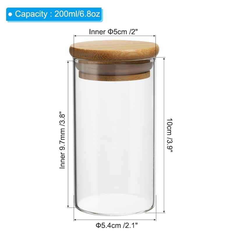 2Pcs 6.8oz Glass Jar with Airtight Bamboo Lid Glass Kitchen Container (10x5.4cm) - Transparent - Transparent