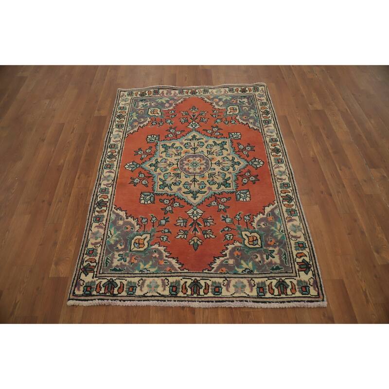Hand Knotted Oriental 100% Wool Carpet Traditional Floral Oranges & Rust Tabriz Area Rug - 4' 6'' X 3' 3''