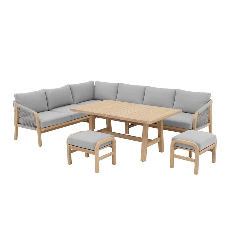 Outdoor Sectional Sofa Set 6-Piece Acacia Wood L-Shaped Corner Sofa Set with Dining Table & Ottoman