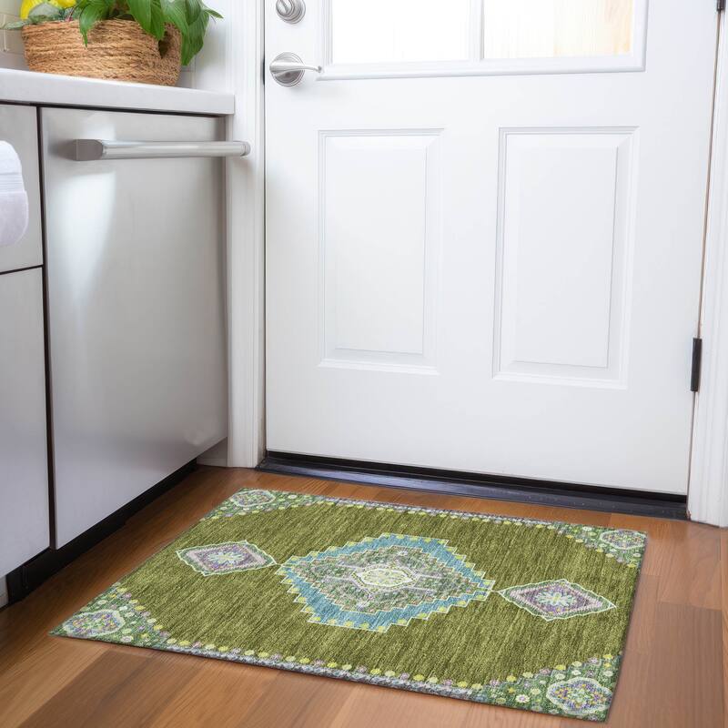 Premium Washable Super Soft Traditional Boho Mayfield Rug - Olive - 1'8" x 2'6"
