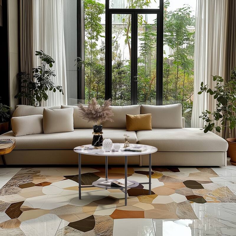 Round Coffee Table 31.5" Coffee Tables for Living Room High Glossy Faux Marble Cocktail Table with Storage Open Shelf