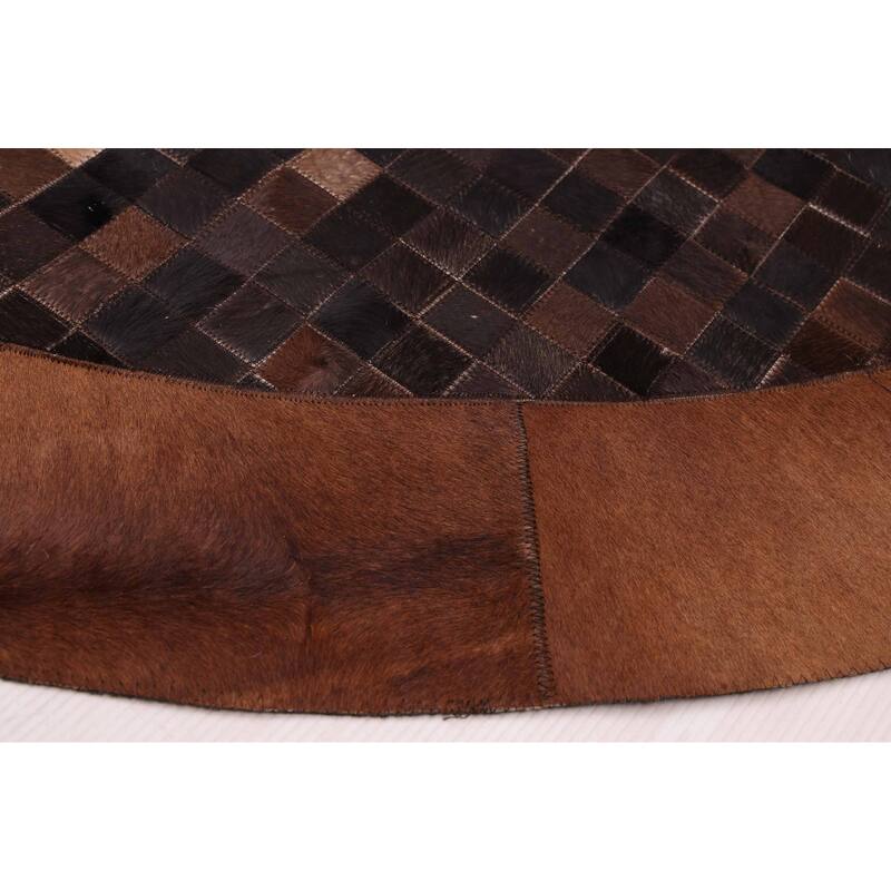 ECARPETGALLERY Handmade Cowhide Patchwork Dark Brown Leather Rug - 7' x 7'