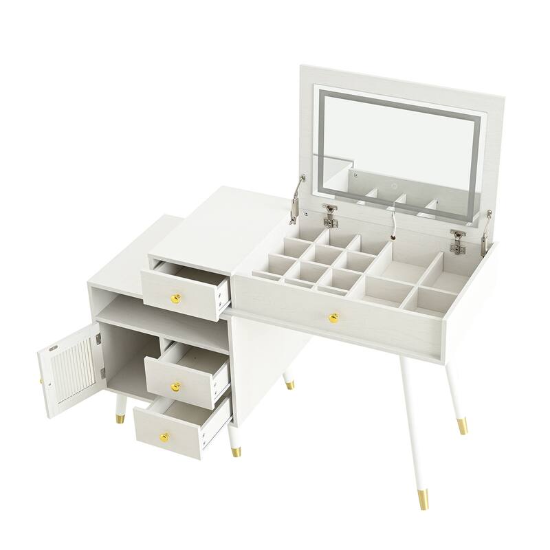 Extendable Makeup Dressing Table with Stool, 3-in-1 Makeup Vanity Desk with Flip-Top Mirror & 3-Color LED Light, White