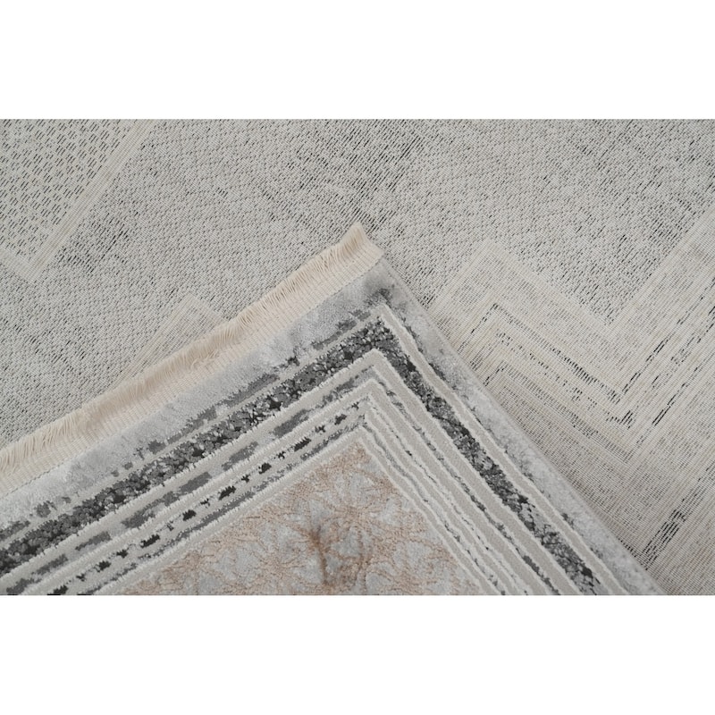 Machine Made Oriental Polyester Carpet Medallion Greys & Charcoal Distressed Area Rug - 7' 9'' X 5' 2''