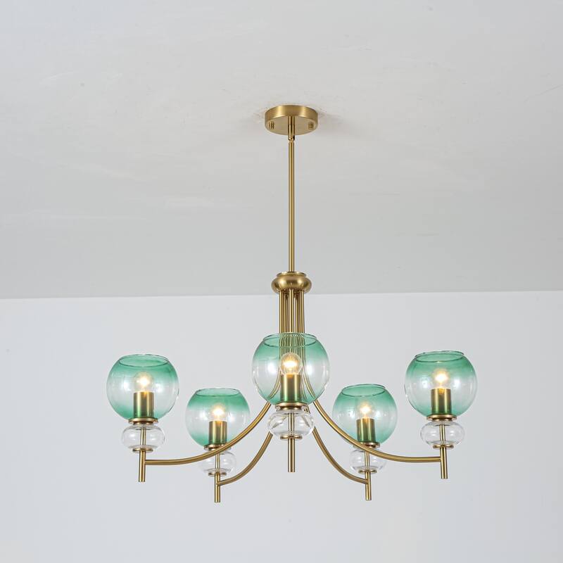 5-Light Mid-Century Modern Luxury Green Sputnik with Open/Bubble Glass Globe Shades Chandelier for Dining Room, Living Room - 30.7 in. W x 18.1 in. H x 30.7 in. D - Open Globe Glass Shade