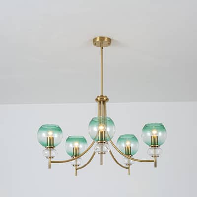 5-Light Mid-Century Modern Luxury Green Glass Globe Sputnik Chandelier for Dining Room, Living Room
