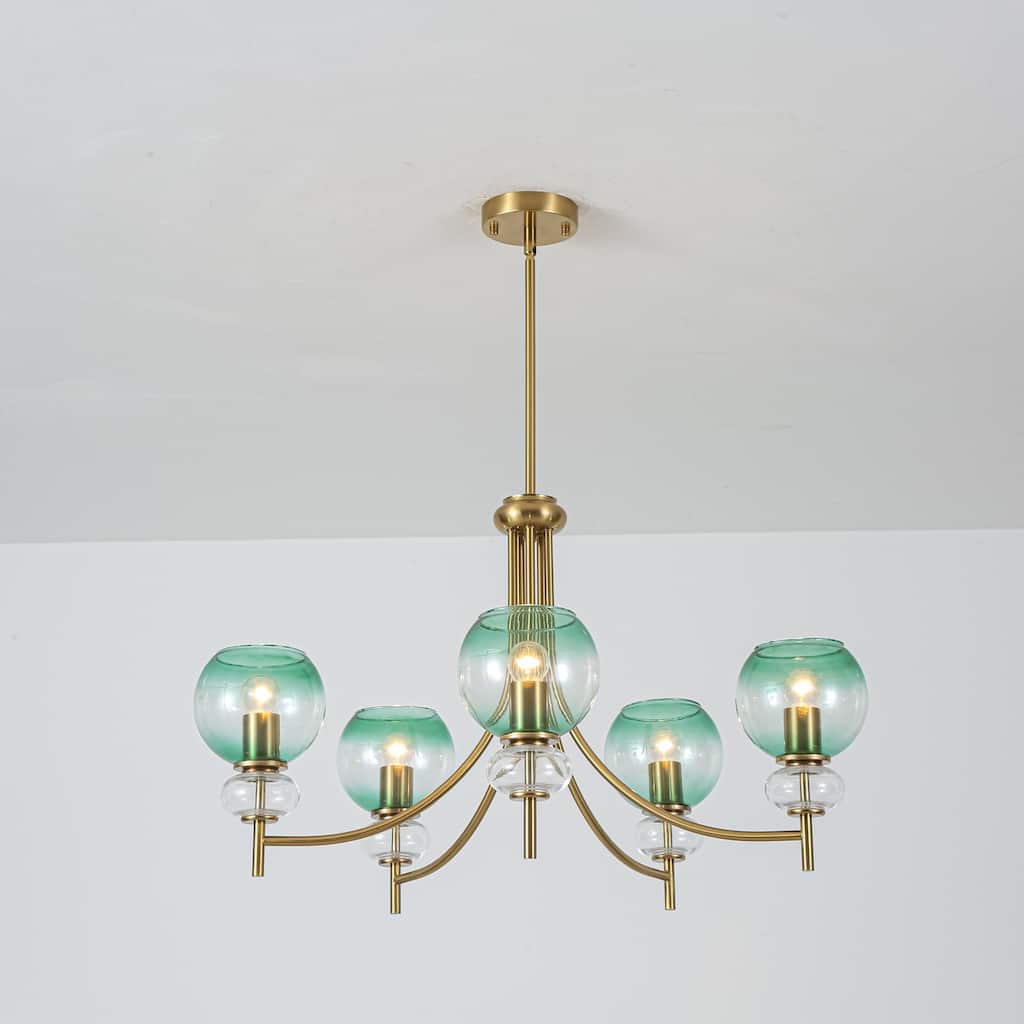 5-Light Mid-Century Modern Luxury Green Sputnik with Open/Bubble Glass Globe Shades Chandelier for Dining Room, Living Room