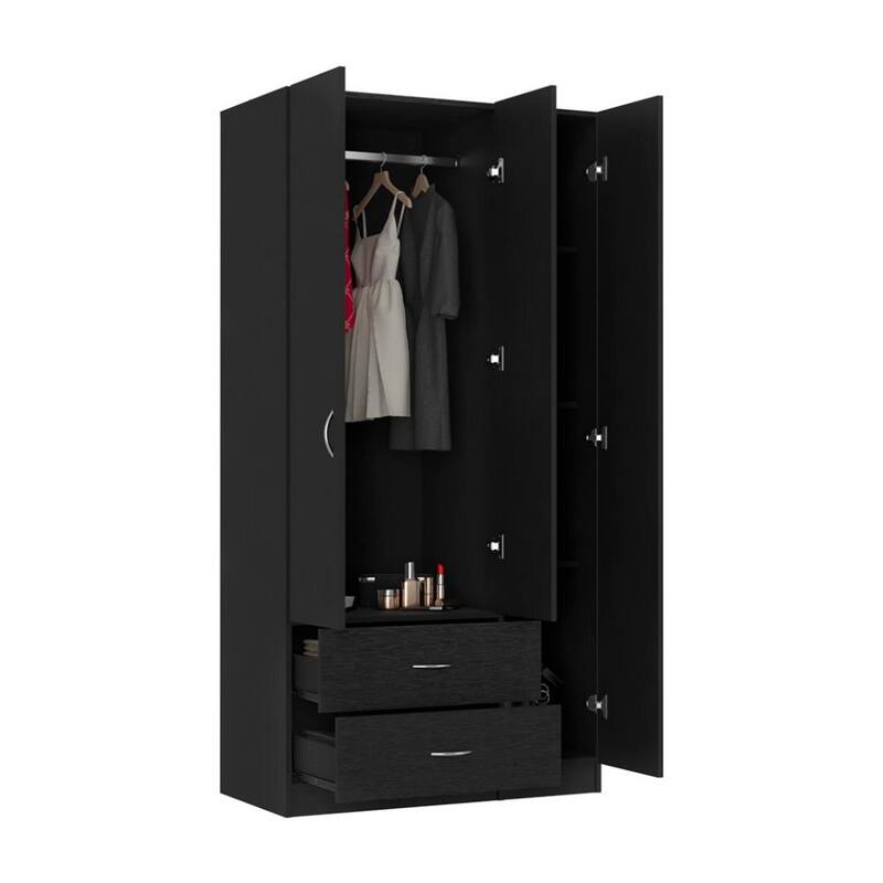 35.4" Modern Three-door Armoire with Hanging Rod, 5 Tall Spacious Shelves and Two Drawers