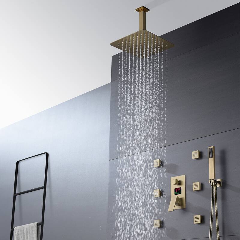 brushed gold ceiling mount 16 inch rainfall 3 way digital display shower system with body jets - 7'6" x 10'9"