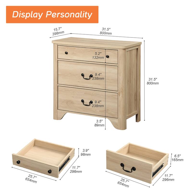 WAMPAT 3 Drawer Dresser for Bedroom, Dresser with Wide Chest, 31.5" White