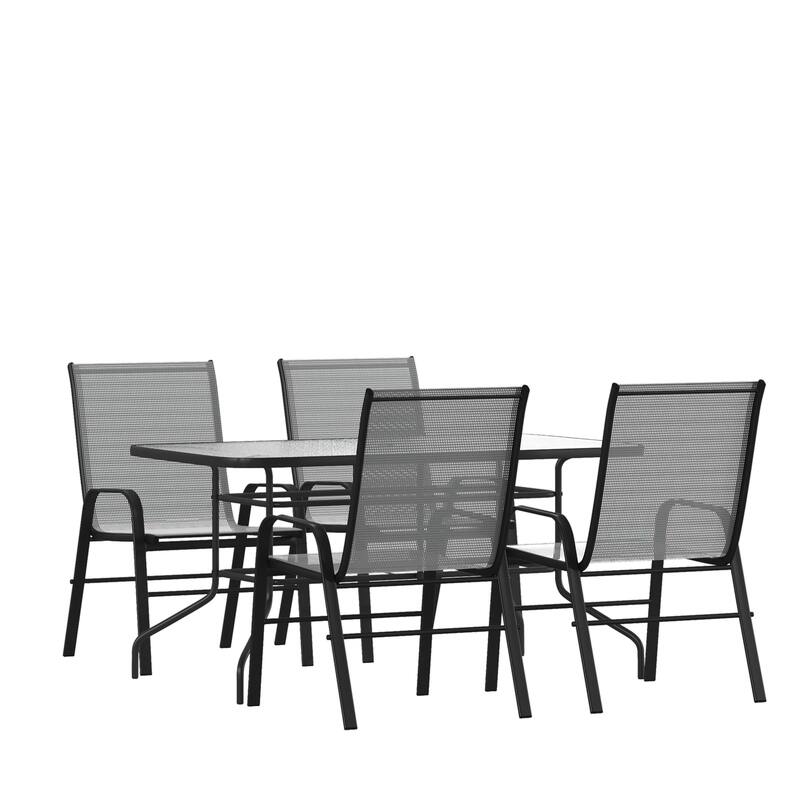 5 Piece Patio Dining Set - Glass Table, 4 Flex Stack Chairs