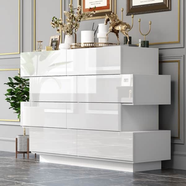 High Gloss White Eight-Drawer Dresser with Modern Design and Storage Chest