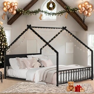 Black House Bed with Slats, KIds Bed with Roof and Colorful Lights,Full-Size