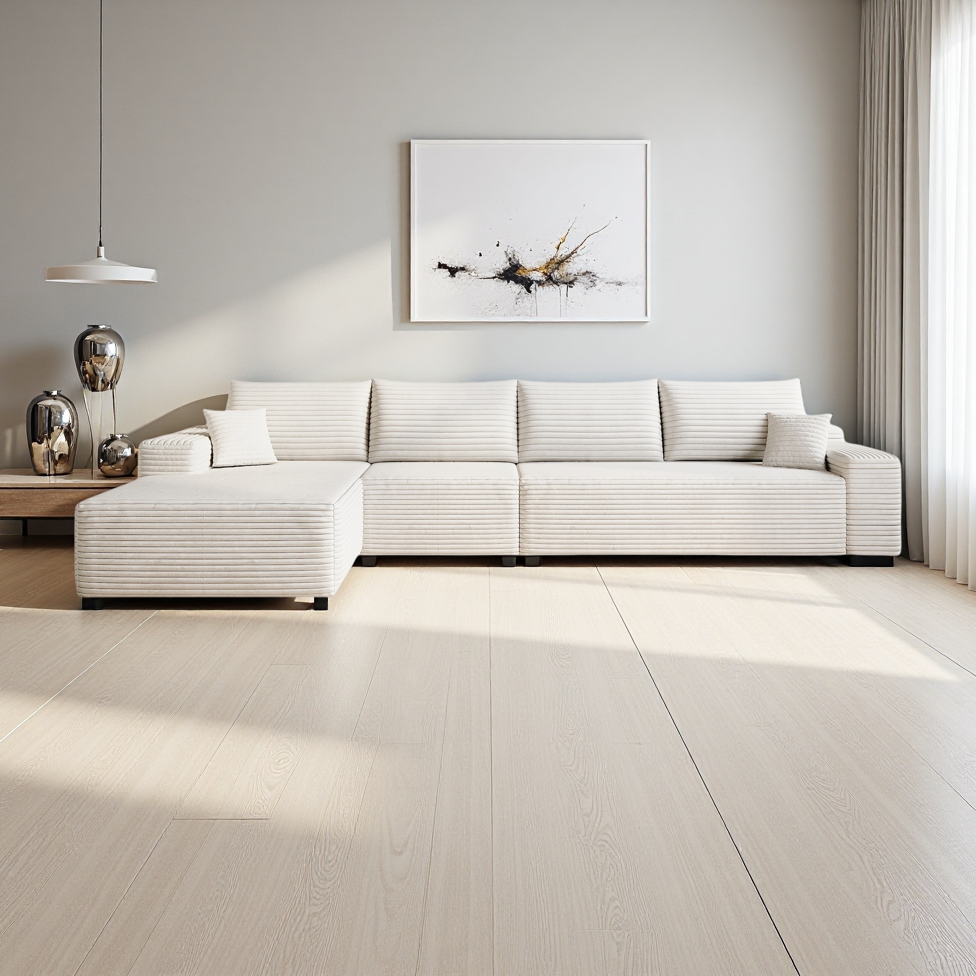 135" Plush Corduroy L-Shaped Sectional Sofa with Left Facing Chaise Lounge and Deep Seat Cushions