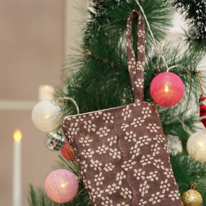 Fabdivine Handmade Linen Floral Block Print Christmas Stocking Home Décor Perfect for Gift - 10"X4.5"