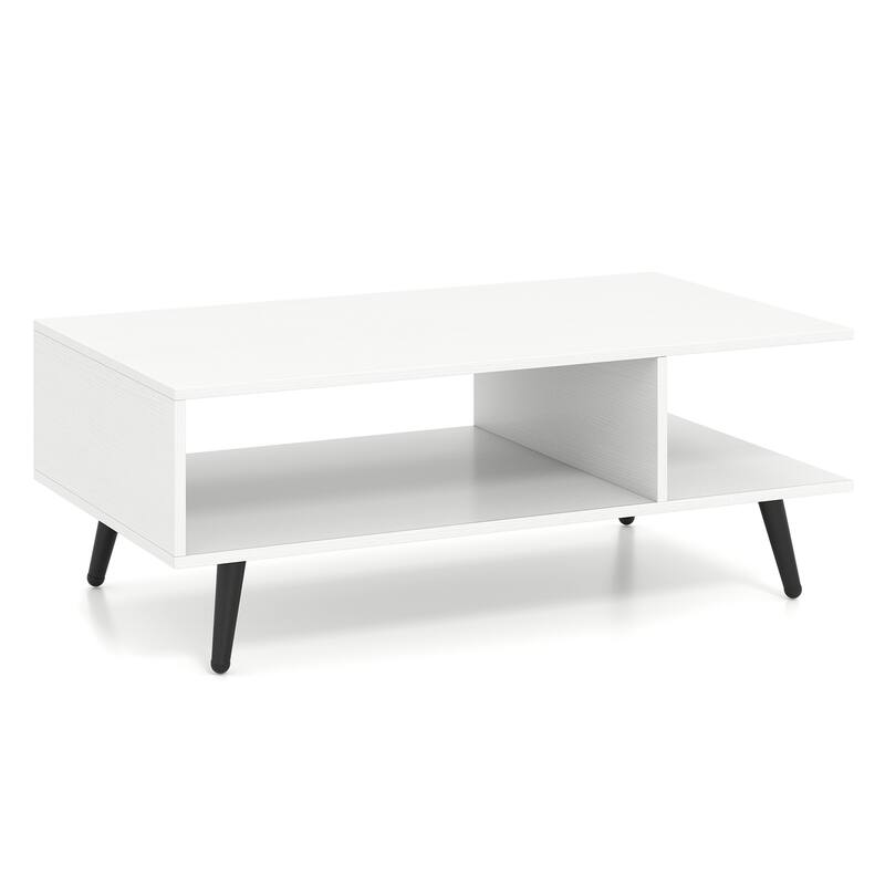 Modern 2-Tier Wood Coffee Table with Open Storage Shelf and 4 Metal Legs for Living Room - 31.5" x 18" x 12"