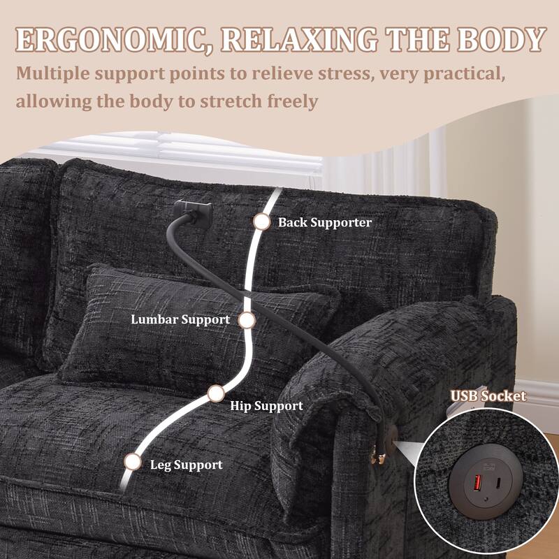 GALDWIN Chenille Upholstered L-shaped Modular Sectional Sleeper Sofa with Movable Storage Ottoman,USB&Type-C