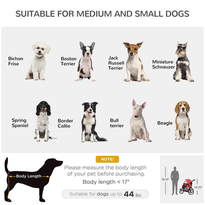 PawHut Pet Stroller for Small and Medium Dogs, 3 Big Wheels Foldable Cat Stroller with Adjustable Canopy