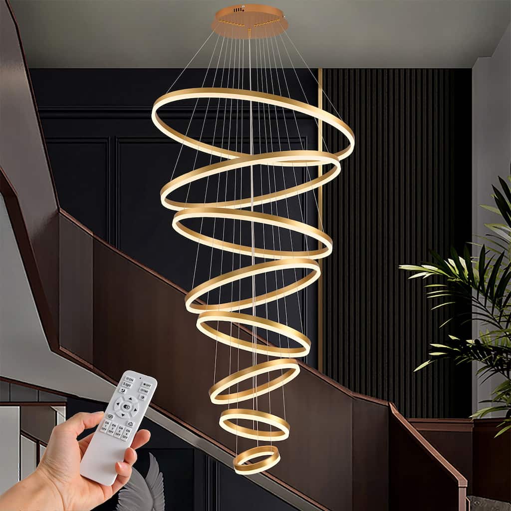 Modern Ring LED Chandelier Remote Control Dimmable Pendant High Ceiling Light Fixture